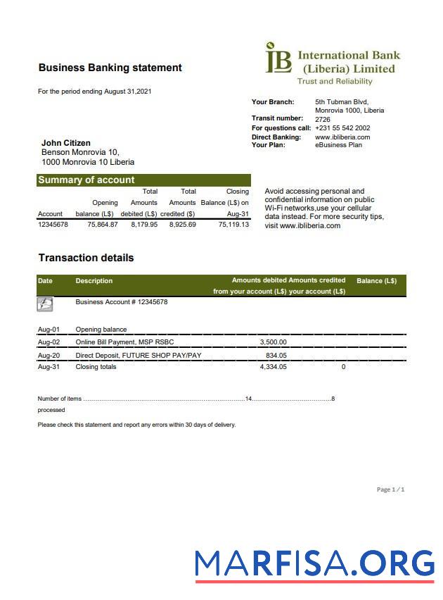 Downloadable Liberia IB International bank statement excel sample